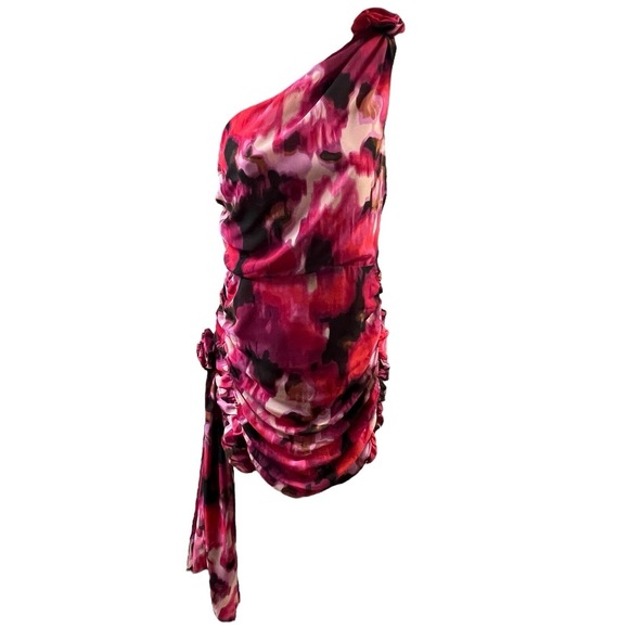 Forever 21 One Shoulder Dress Size M Pink Black Abstract Ruched Bodycon Sexy New - Picture 3 of 11